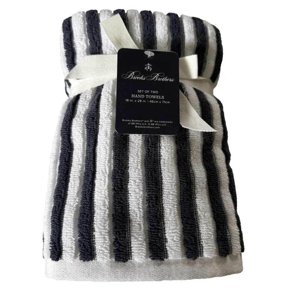 Brooks Brothers Hand Towels White Navy Blue Luxury Striped 100% Cotton Set of 2